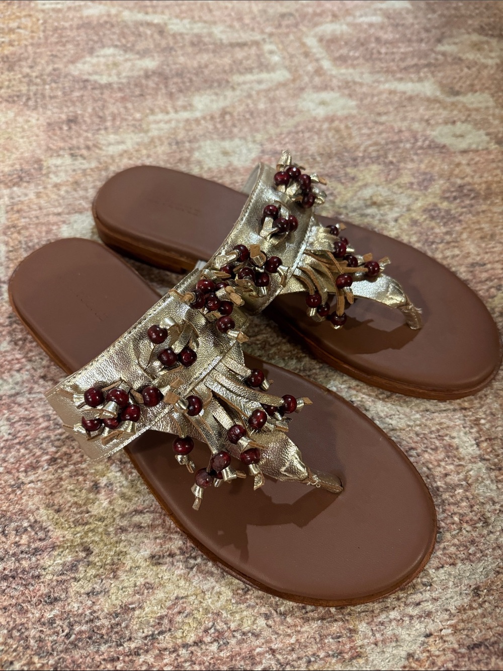 Free People Metallic Gold Thong Sandals with Burgundy Bead Accents